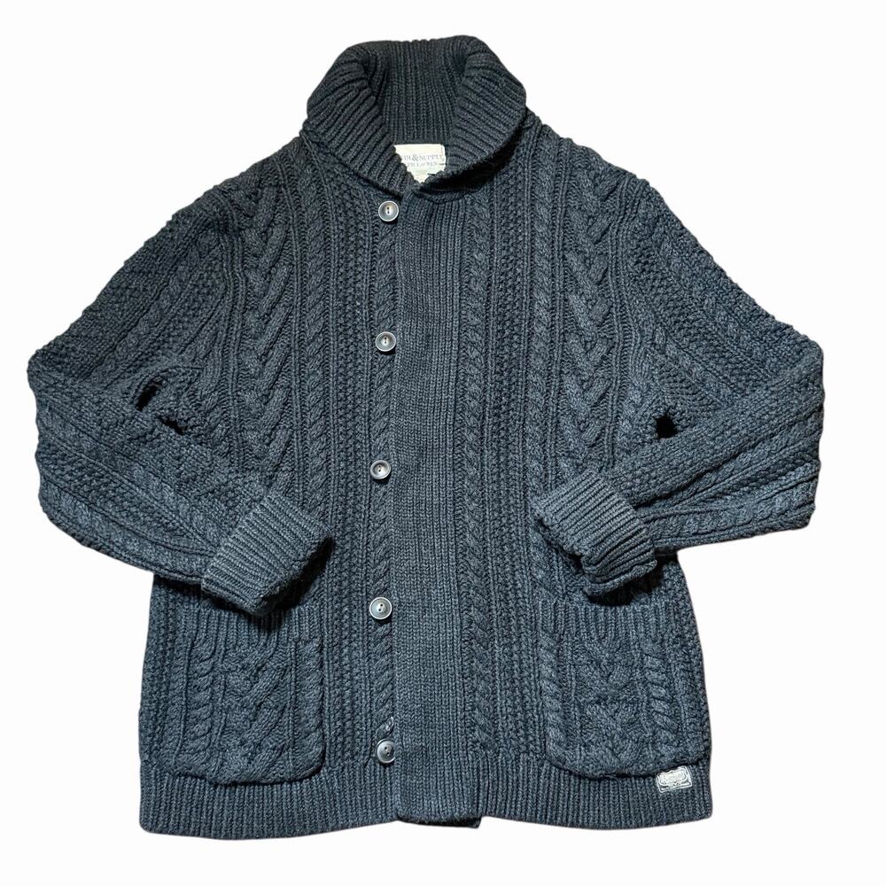 Ralph Lauren Denim and Supply Black Cable Knit Zip Up Cardigan Size M REPAIRED